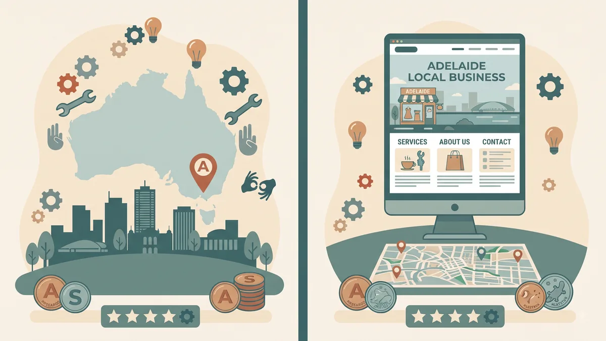 Adelaide skyline behind a local business website built for the Adelaide market