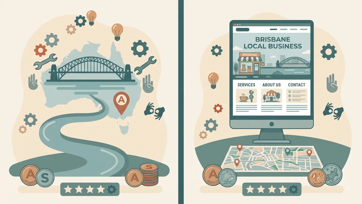 Brisbane skyline behind a local business website built for the Brisbane market