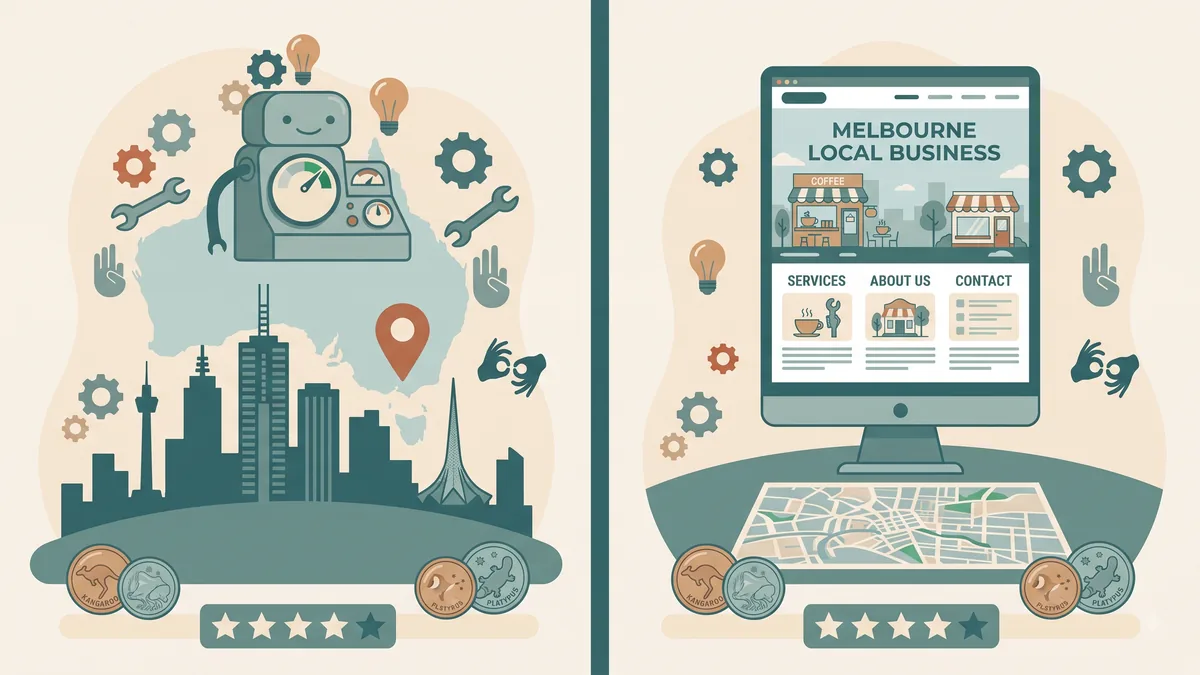 Melbourne skyline behind a local business website built for the local market
