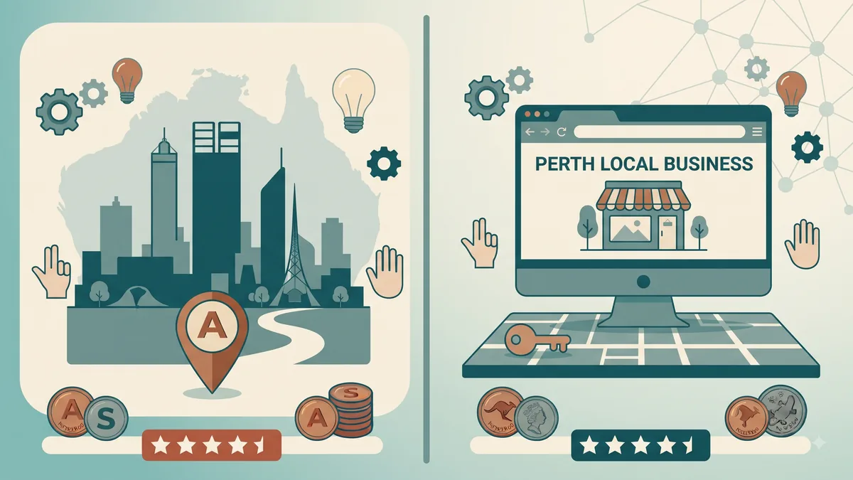 Perth skyline behind a local business website built for the Perth market
