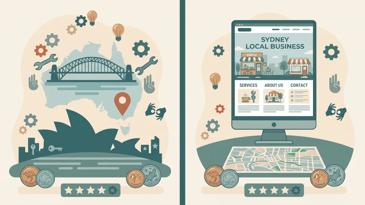 Sydney skyline behind a local business website built for the Sydney market